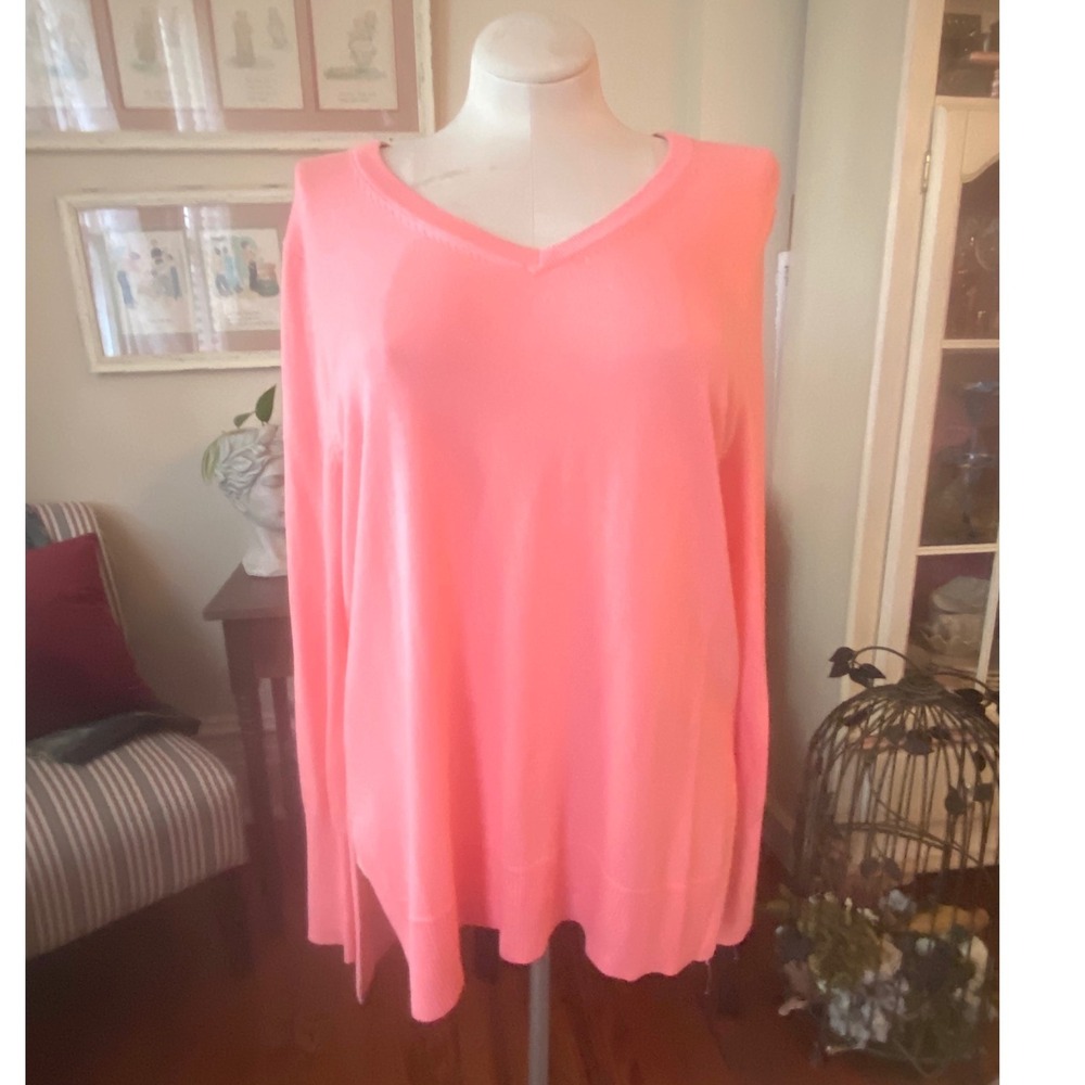 Crown & Ivy Women XL Coral orange V-Neck Long Sleeve High-Low Knit Sweater